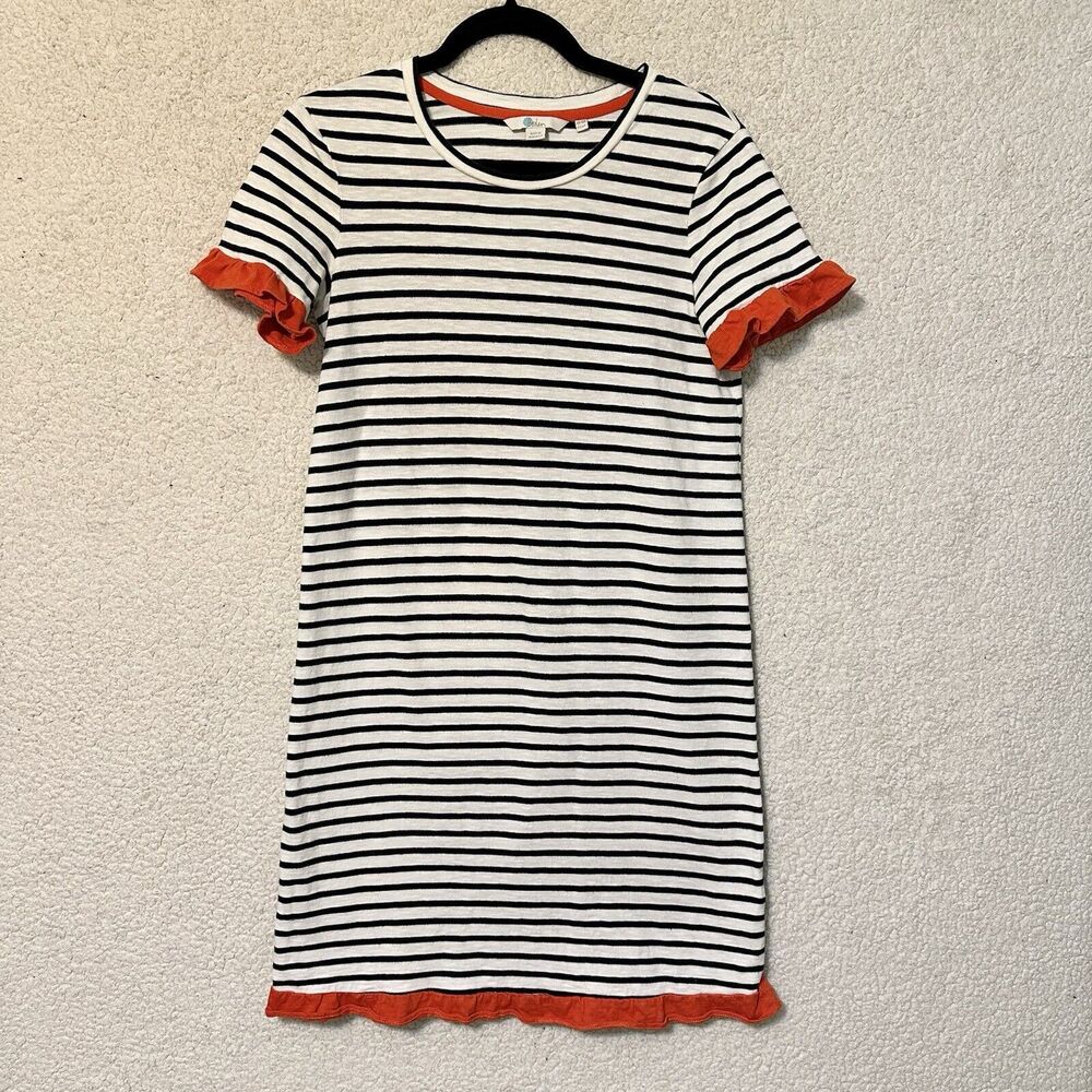 ฺBoden Emily Stripe Ruffle Hem Knit Shift Dress Short Sleeve White Blue Women 6R